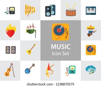 Music Icon Set. Trumpet Player With Headphones Drum Acoustic Speakers Burning Heart Mariachi Skeleton Guitar Player MP3 Player Metronome DJ Record Player Synthesizer Chorus Clouds With Note