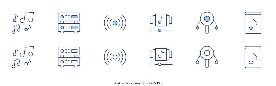 Music icon set in two styles, Duotone and Thin Line style. Editable stroke. playlist, music, rattle drum, amplifier, broadcast.