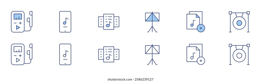 Music icon set in two styles, Duotone and Thin Line style. Editable stroke. mp player, music app, music files, music stand, add, gong.
