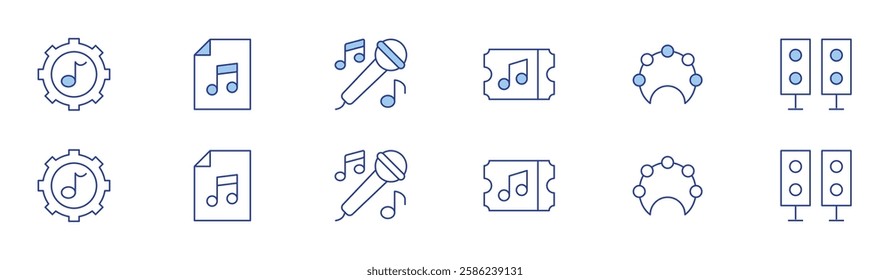 Music icon set in two styles, Duotone and Thin Line style. Editable stroke. music, concert, music file, microphone, tambourine, speaker.