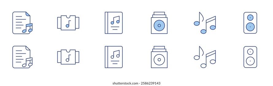 Music icon set in two styles, Duotone and Thin Line style. Editable stroke. lyric, music album, musical note, speaker, music, music book.