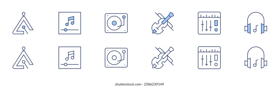 Music icon set in two styles, Duotone and Thin Line style. Editable stroke. fiddle, triangle, mixer, music player, music mixer, music headphones.