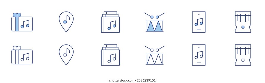 Music icon set in two styles, Duotone and Thin Line style. Editable stroke. drum, gift card, music player, music, album, mbira.