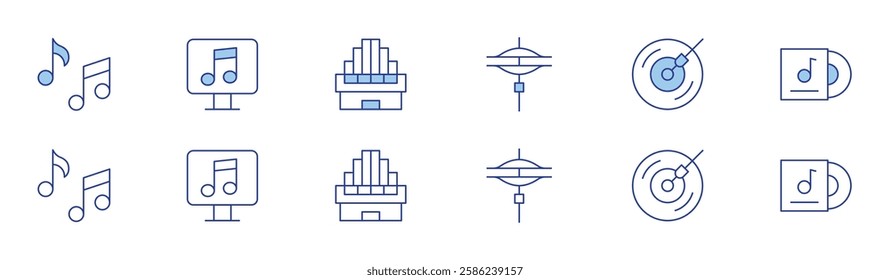 Music icon set in two styles, Duotone and Thin Line style. Editable stroke. cymbals, dj music, music notes, album, music, organ.
