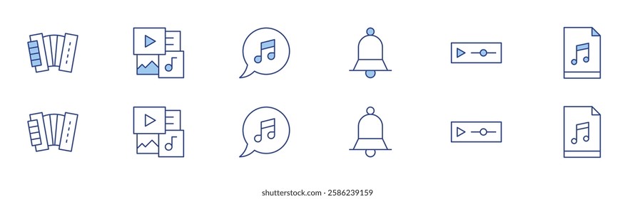 Music icon set in two styles, Duotone and Thin Line style. Editable stroke. accordion, bell, music, multimedia, music file, bubble.