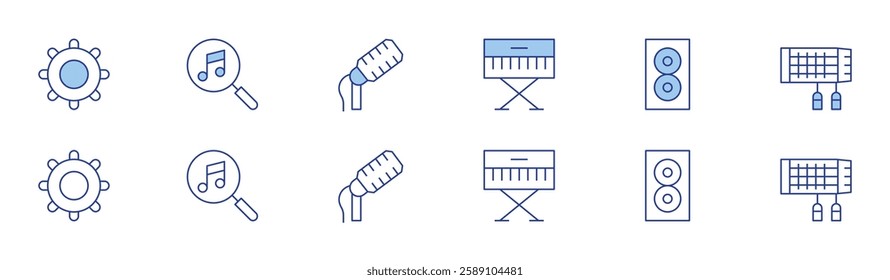 Music icon set in two styles, Duotone and Thin Line style. Editable stroke. tambourine, electric keyboard, search, microphone, speakers, musical instrument.