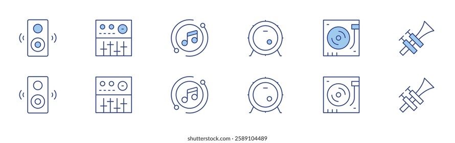 Music icon set in two styles, Duotone and Thin Line style. Editable stroke. sound system, bass drum, turntable, studio mixer, trumpet, music.