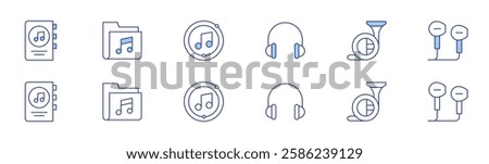 Music icon set in two styles, Duotone and Thin Line style. Editable stroke. music book, headphones, french horn, music folder, music note.