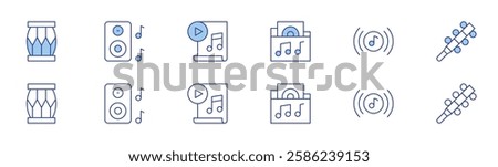 Music icon set in two styles, Duotone and Thin Line style. Editable stroke. drum, speaker, music sheet, music folder, music, jingle bell.