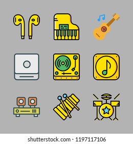 music icon set. vector set about turntable, piano, xylophone and earphones icons set.