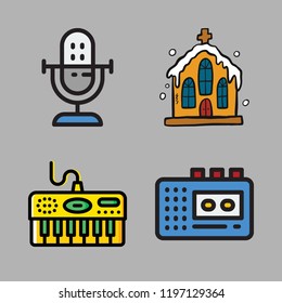music icon set. vector set about walkman, piano, microphone and church icons set.