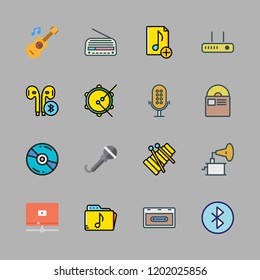 music icon set. vector set about earphones, router, music file and cassette icons set.