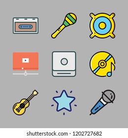 music icon set. vector set about favorites, cassette, speaker and microphone icons set.