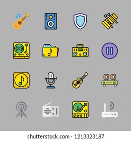 music icon set. vector set about router, xylophone, audio player and speaker icons set.