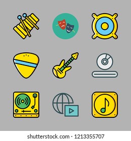 music icon set. vector set about music file, guitar pick, speaker and xylophone icons set.