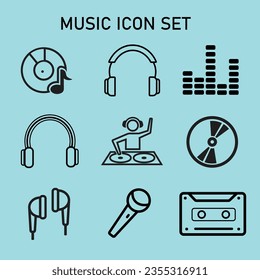 Music icon set vector black line headphones microphone dj 
