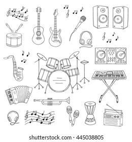 Music icon set vector illustrations hand drawn doodle. Musical instruments and symbols  guitar, drum set, synthesizer, dj mixer, stereo,  microphone,  trumpet, accordion, radio, saxophone, headphones.
