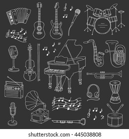Music icon set vector illustrations hand drawn doodle. Musical instruments and symbols piano, guitar, drum set, gramophone, microphone, violin, trumpet, accordion, radio, saxophone, headphones.