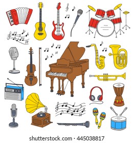 Music icon set vector illustrations hand drawn doodle. Musical instruments and symbols piano, guitar, drum set, gramophone, microphone, violin, trumpet, accordion, radio, saxophone, headphones.