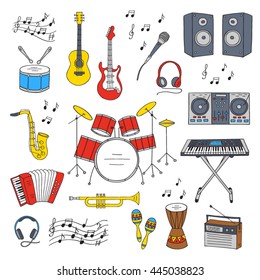 Music icon set vector illustrations hand drawn doodle. Musical instruments and symbols  guitar, drum set, synthesizer, dj mixer, stereo,  microphone,  trumpet, accordion, radio, saxophone, headphones.