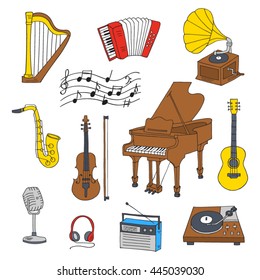 Music icon set vector illustrations hand drawn doodle. Musical instruments and symbols piano, guitar,  accordion, gramophone, harp, saxophone, violin, music notes, microphone, headphones, vinyl.