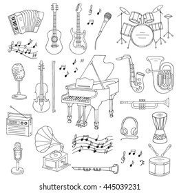 Music icon set vector illustrations hand drawn doodle. Musical instruments and symbols piano, guitar, drum set, gramophone, microphone, violin, trumpet, accordion, radio, saxophone, headphones.