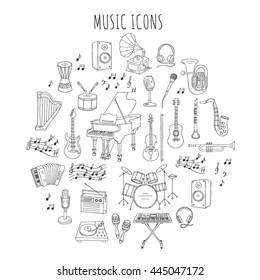 Music icon set vector illustrations hand drawn doodle. Musical instruments and symbols piano, guitar, synthesizer, drum set, gramophone, microphone, violin, trumpet, accordion, saxophone, headphones.