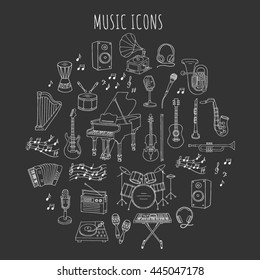 Music icon set vector illustrations hand drawn doodle. Musical instruments and symbols piano, guitar, synthesizer, drum set, gramophone, microphone, violin, trumpet, accordion, saxophone, headphones.