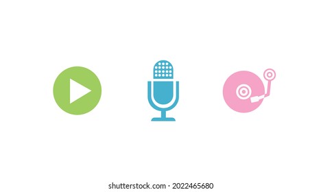 Music Icon Set. Vector isolated editable flat illustration of a microphone, turntable and a play button