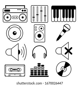 Music Icon Set Vector Outline. Contains Such As Tape, Equalizer, Piano, and more.