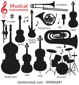 Music icon set.  Vector silhouette illustration