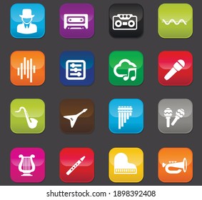 Music icon set for web sites and user interface. Colored buttons on a dark background