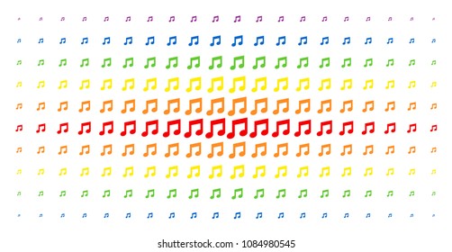 Music icon spectral halftone pattern. Vector music pictograms are arranged into halftone matrix with vertical spectrum gradient. Constructed for backgrounds, covers, templates and abstract effects.