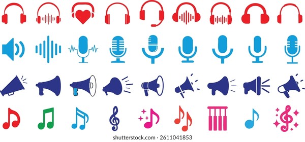 music icon vector set featuring headphones, microphone, speaker, and musical note symbols. Perfect for audio projects