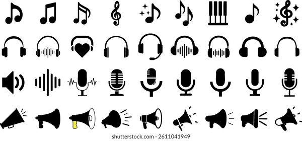 music icon vector set featuring headphones, microphone, speaker, and musical note symbols. Perfect for audio projects
