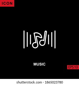 Music icon with wave and note vector on black background. Illustration line, linear, outline and lineal icon for graphic, print media interfaces and web design.