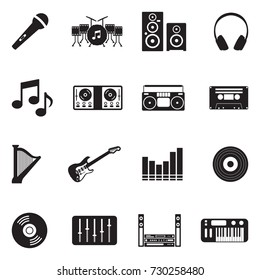 Music Icons. Black Flat Design. Vector Illustration. 