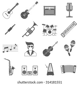 Music icons black set with guitar microphone drums isolated vector illustration