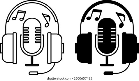 Music Icons. Black and White Vector Illustrations. Headphones, Microphone, and Musical Notes. Melody and Sounds
