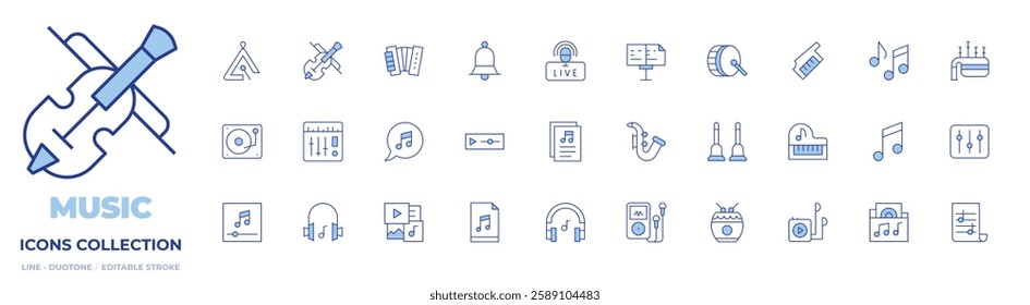 Music icons collection. Line Duotone style, editable stroke. accordion, bell, music, live, dj mixer, multimedia, headphones, bagpipe, fiddle, triangle, music player, playing, file, keytar.