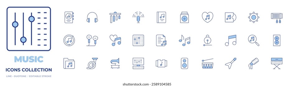 Music icons collection. Line Duotone style, editable stroke. book, headphones, tambourine, music, french horn, love song, folder, music note, lyric, moktak, electric keyboard, search, mix,