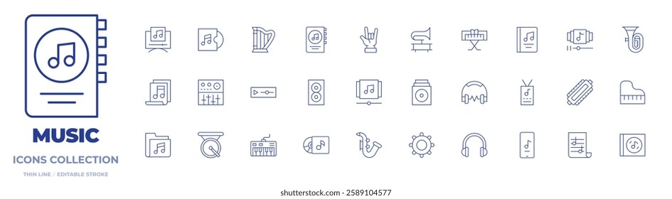 Music icons collection. Thin Line icons, editable stroke. gong, gramophone, grand piano, hand, harmonica, harp, headphones, album, music app, book, music folder, music player, piano