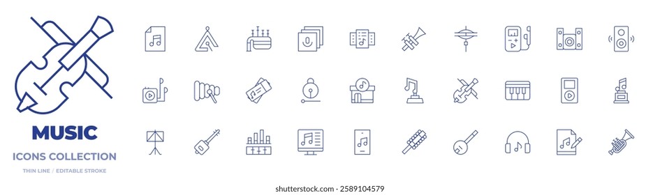 Music icons collection. Thin Line icons, editable stroke. bagpipe, banjo, concert, cymbals, equalizer, fiddle, library, listen, moktak, mp player, file, files, music player.