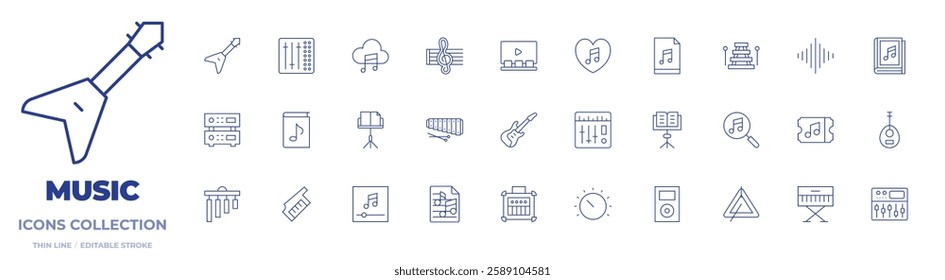 Music icons collection. Thin Line icons, editable stroke. amplifier, audio waves, chime, cinema, concert, electric guitar, electric keyboard, keytar, knob, laud, mix, mixer, music, music cloud, music 