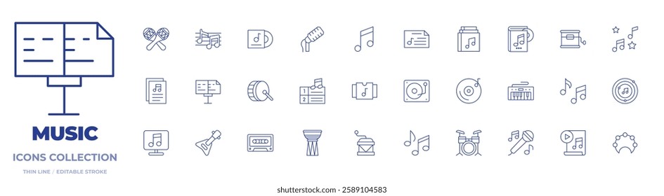 Music icons collection. Thin Line icons, editable stroke. album, cassette, cd player, drum, kettledrum, keyboard, maracas, microphone, music, music box, maker app, mixer, note.