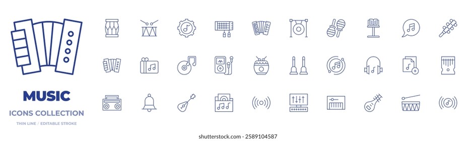 Music icons collection. Thin Line icons, editable stroke. accordion, add, bell, bells, boombox, broadcast, bubble, drum, gift card, gong, jingle bell, mandolin, maracas, mastering, mbira, music, music