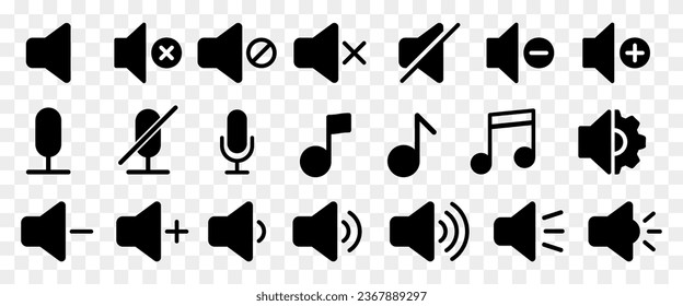 Music icons collection. Volume, voice, music, microphone, mute, note, speaker black icons. Symbols for music player, recording, interface