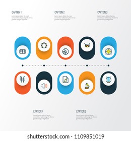 Music icons colored line set with drum, strings, piano and other harp  elements. Isolated vector illustration music icons.