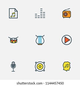 Music icons colored line set with drum, start, strings and other lover elements. Isolated vector illustration music icons.