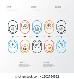 Music icons colored line set with guitar, headphone, strings and other template  elements. Isolated vector illustration music icons.